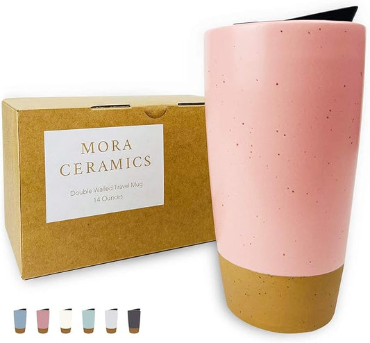 Mora Double Wall Ceramic Coffee Travel Mug with Lid, 14 oz, Portable, Microwave, Dishwasher Safe, Insulated Reusable Tall Cup, Splash Resistant Lid - To Go Tumbler for Car Cup Holder, Pink Salt