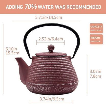 Cast Iron Teapot, 20.3oz Small Pink Pinstripe Pattern, Stainless Steel Infuser for Loose Tea, Enameled Interior, Stovetop Safe