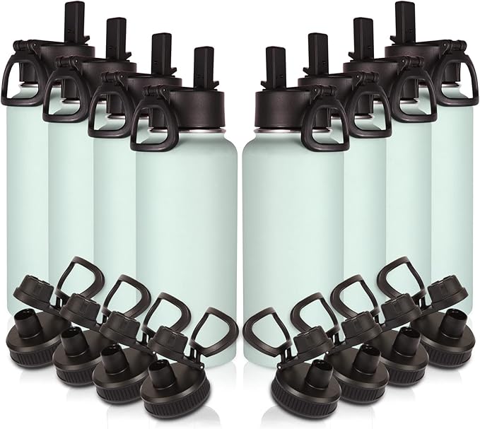 Volhoply 32 oz Insulated Water Bottles Bulk 8 Pack with Straw Lid & Spout Lid,Stainless Steel Sports Water Bottle,Double Wall Vacuum Cups,Leakproof Wide Mouth Metal Flask for Hiking,Camping(Fog,8)