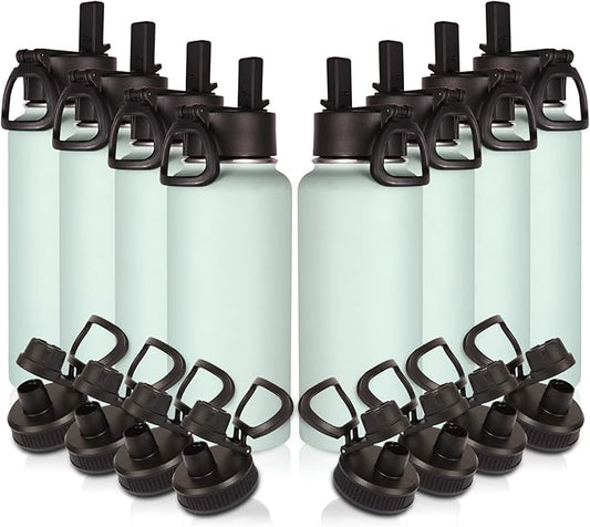 Volhoply 32 oz Insulated Water Bottles Bulk 8 Pack with Straw Lid & Spout Lid,Stainless Steel Sports Water Bottle,Double Wall Vacuum Cups,Leakproof Wide Mouth Metal Flask for Hiking,Camping(Fog,8)