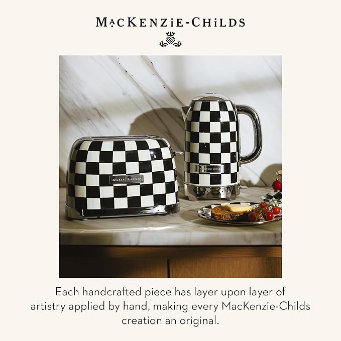 MACKENZIE-CHILDS Electric Kettle, Stainless-Steel Tea Kettle, Black-and-White Courtly Check