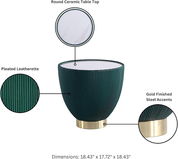 Manhattan Comfort Modern Anderson Coffee Table, 1.0 & 2.0 End Table, Upholstered in Green Leatherette with Ceramic Faux Tabletop and Gold Metal Tabletop- Set of 3