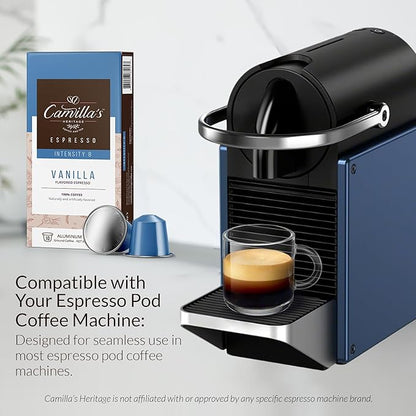 Camilla’s Heritage - Intensity 8 Vanilla Flavored Espresso Coffee, Gourmet Espresso Cups, 60 Coffee Pods