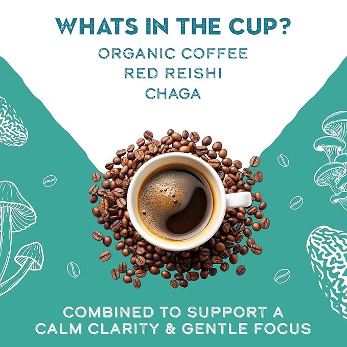 Organic Mushroom Decaffeinated Coffee Dark Roast, Swiss Water Water Process, Red Reishi & Chaga, Decaf for Calm and Relaxed Focus, Grade 1 Single Origin Peruvian 12oz - Ground (2 Pack)