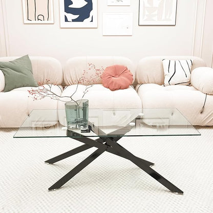 Black Glass Coffee Table Set of 3 Modern End Table Living Room Side Table, Geometric Metal Legs 39.4 Inch Clear Rectangle Center Cocktail Tables, Black