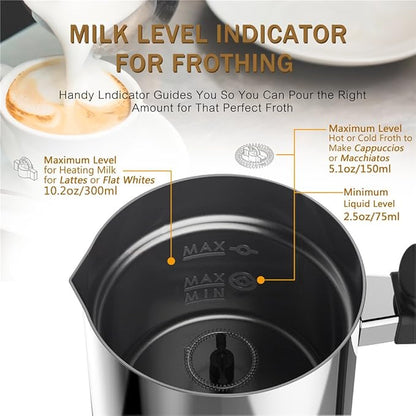 Milk Frother, Automatic Milk Steamer with New Foam Density Feature, Electric Frother with Hot or Cold Milk Function for Coffee, Cappuccino and Breakfast