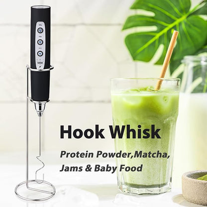 Milk Frother with Stand Rechargeable-Handheld Coffee Frother with 3 Stainless Whisks 3 Speed Adjustable, Electric Whisk Drink Mixer, Foam Maker Blender for Matcha Latte Cappuccino Chocolate