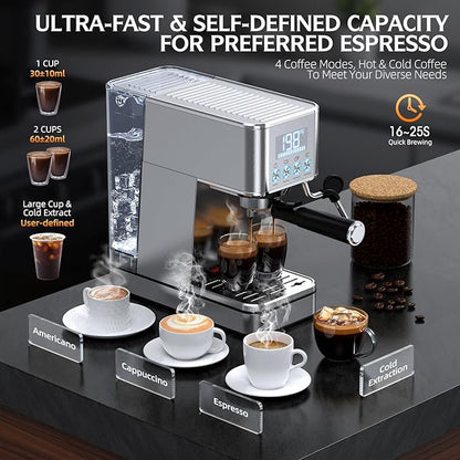 Espresso Machine, 20Bar Compact Stainless Espresso Maker, With Milk Frother Steam Wand, 57.5OZ Water Tank, Displays Making Time & Water Temperature, Cold Brew, Silver (2025 updated model)