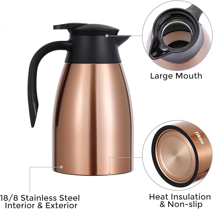 Tiken 51 Oz Thermal Coffee Carafe, Stainless Steel Insulated Vacuum Coffee Carafes For Keeping Hot, 1.5 Liter Beverage Dispenser (Copper)