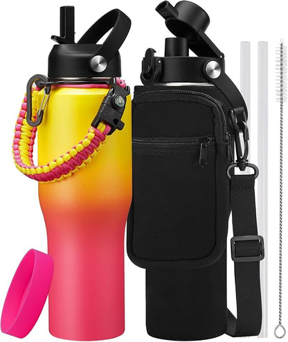 Water Bottle with Straw - 32 40 OZ Water Bottle that Fits in any Car Cup Holder, Water Flask with Straw & Spout Lids, Paracord Handle, Insulated Water Bottle for Travel Gym Office Women