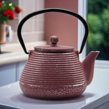 Cast Iron Teapot, 20.3oz Small Pink Pinstripe Pattern, Stainless Steel Infuser for Loose Tea, Enameled Interior, Stovetop Safe