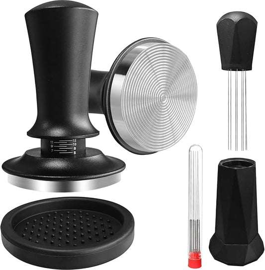 58mm Coffee Espresso Tamper with WDT Tool, Calibrated Spring Loaded, 58mm Coffee Tamper with Silicone Tamper Mat, Espresso Distribution Tool, Stainless Steel Base Tamper for Espresso Coffee Machine