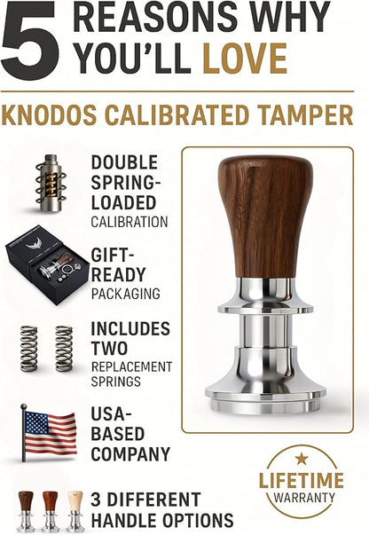 Calibrated Espresso Tamper 58mm Walnut, Auto-Leveling and 30lb Spring Loaded Design Stainless Steel Ripple Base Coffee Tamper with 20lb / 25lb / 30lbs Replacement Springs (58.3mm)