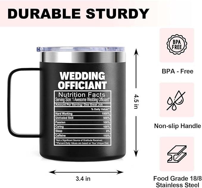 Best Wedding Officiant from Bride Groom | Anniversary Wedding Officiant Gift Insulated Coffee Cup | 12oz with Handle and Lid 304 Stainless Steel Camping Travel Thermal Mugs - Black