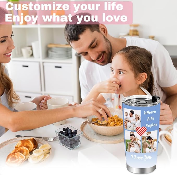 Personalized Tumbler with Pictures Text, Custom Photo Stainless Steel Coffee Tumbler, Coffee Travel Mug Cup 20 Oz Custom Gifts for Fathers Day Christmas Birthday for Dad Mom Kids