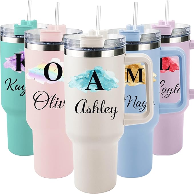 ThermoThrill Ships Next Day, Personalized 40 Oz Tumbler with Handle and Straw Custom Tumbler with Text Stainless Steel Mug Birthday Gifts for Women