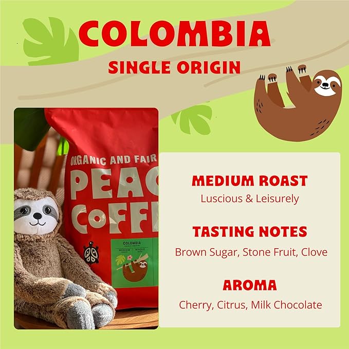 Peace Coffee Colombia Single Origin Coffee | 5 lb Ground Medium Roast | Organic Fair Trade | Smooth, Crisp Flavor | Shade Grown, Fresh Roasted