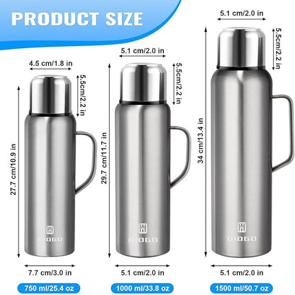 Insulated Vacuum Thermo Bottle 750ml/25.4oz with Cup Stainless Steel Coffee Bottles for Hot and Cold Drink Water Flask.(Silver, with Handle, 750ml)