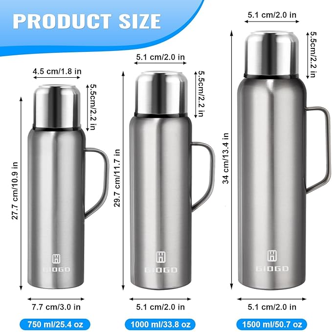 Insulated Vacuum Thermo Bottle 1500ml/50.7oz with Cup Stainless Steel Coffee Bottles for Hot and Cold Drink Water Flask.(Silver, with Handle, 1500ml)