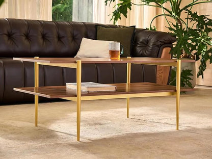 Shrine Rectangle Coffee Table, Mid-Century Modern Design, Two-Tier Walnut MDF Table, 41" D x 21" W x 17" H, Sleek Conical Metal Legs with Gold Finish