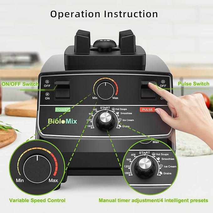 Biolomix Professional Smoothie Blender, Countertop Blender,Commercial Blender 2200W High Power with 68oz Pitcher, Smart Presets,blenders for kitchen for Ice, Soup,Frozen Dessert(with Extra Parts)