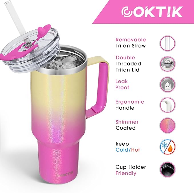 COKTIK 40 oz Tumbler With Handle and Straw Lid, Vacuum Insulated Travel Coffee Mug Stainless Steel Insulated Cup for Beverages, Leak-proof, Cupholder Friendly (Glitter Rainbow)