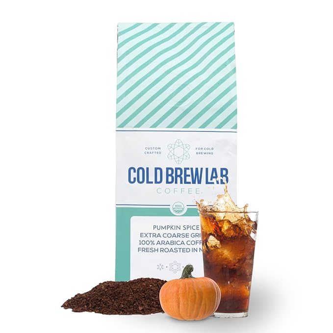 Cold Brew Organic Coarse Ground Flavored Coffee, Pumpkin Spice Flavor, Dark Roast, Colombian Supremo, Coarse Grind for Cold Brew Coffee & French Press,1 LB