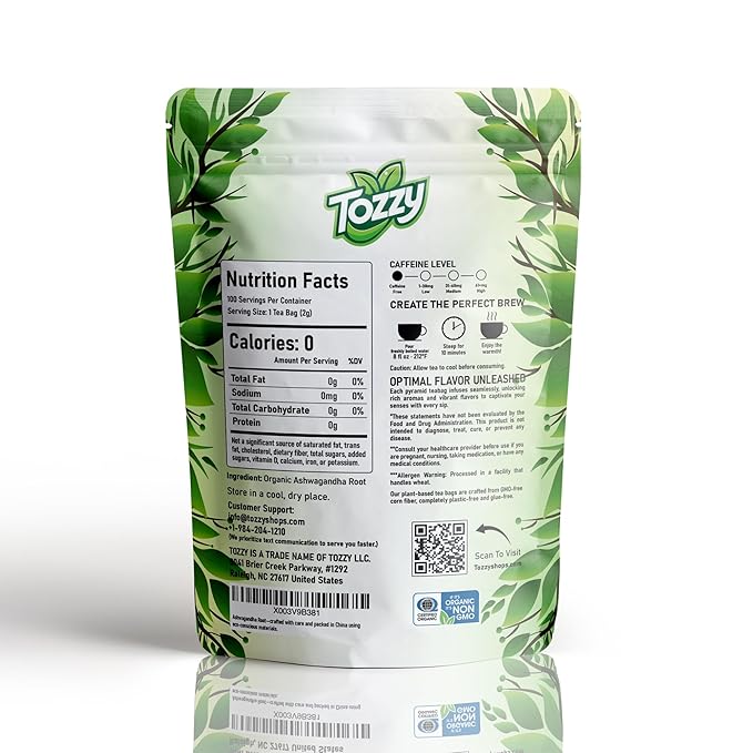 Tozzy Organic Ashwagandha Tea - 100 Count | Pyramid Tea Bags (Plant-Based & Eco-conscious) | Pure Ingredients