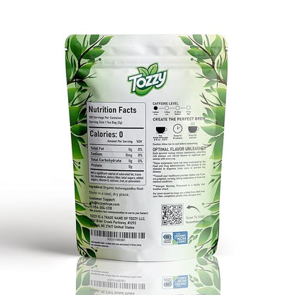 Tozzy Organic Ashwagandha Tea - 100 Count | Pyramid Tea Bags (Plant-Based & Eco-conscious) | Pure Ingredients