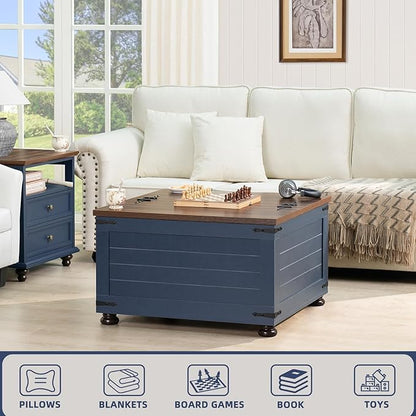 Farmhouse Coffee Table with Hidden Storage, 59 Gallon Square Center Table for Living Room, Rustic Wood Cocktail Tables with Flip-Top Lids, Farm House Tables with Wooden Gourd Feet, Navy Blue