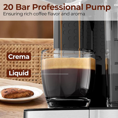 20 Bar Compact Espresso Machine with Steam Milk Frother，Professional Espresso Maker for Home and Office，1350W Touchscreen Cappuccino ＆ Latte Machine，57oz Detachable Water Tank，Black