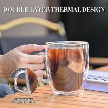 YUNCANG Double Wall Coffee Mugs, (4-Pcak) 16 Ounces-Clear Glass with Handle,lnsulated,Cappuccino,Tea,LatteCups,Beverage Glasses Heat Resistant