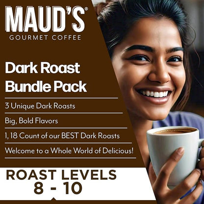 Maud's Dark Roast, French Roast & Espresso Coffee Pods Bundle, 54 ct, Recyclable Single Serve Pods – 100% Arabica Coffee, Compatible with Keurig K Cups Maker