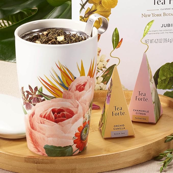 Tea Forte Jubilee Double-Walled Ceramic Kati Cup with Removable Stainless Steel Infuser Basket and Lid, Steeps 12 oz Loose Leaf Tea, Lid and Cup Dishwasher & Microwave Safe