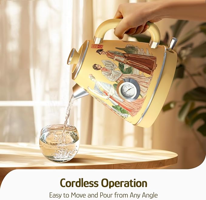 Hazel Quinn Retro Electric Kettle - 1.7 Liters / 57.5 Ounces Tea Kettle with Thermometer, All Stainless Steel, 1200 Watts Fast Boiling, BPA-free, Cordless, Automatic Shut Off - Finery