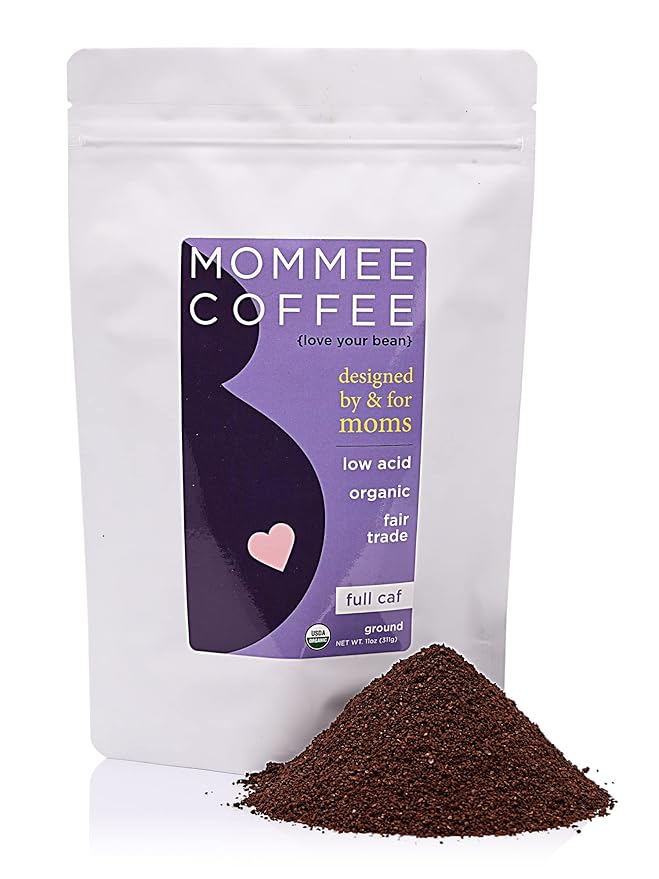 Mommee Coffee Full Caf Ground Low Acid Coffee - 100% Arabica Organic Coffee Beans with Smooth Caramel Flavor - Medium Grind for Drip, Reusable One Cup Filters - 11 oz