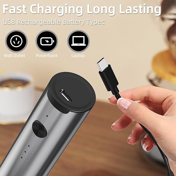 Milk Frother Wand for Coffee with 3-Speed,Stainless Steels Hand Frother Rechargeable,Electric Whisk with 2 Heads for Mixing Drinks Like Latte, Cappuccino, Hot Chocolate, Egg,Sliver