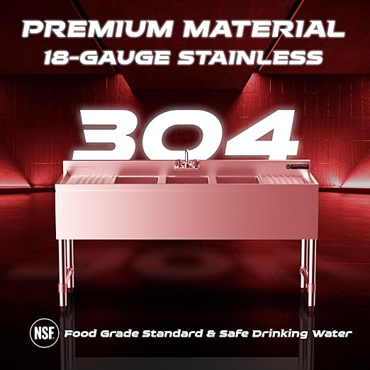 DuraSteel 3 Compartment Under Bar Sink - CEC & NSF 304 Stainless Steel 3 Bay Utility Sink with No Lead Faucet - 60" L x 19" W x 33" H - Double Drainboard Commercial Restaurant Grade