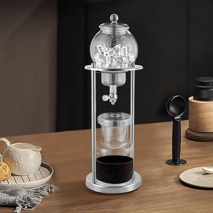 Iced Coffee Cold Brew Drip Tower Coffee Maker with Measuring Spoon, Stainless Steel Filter, Wooden, 6-8 Cup (Silver)