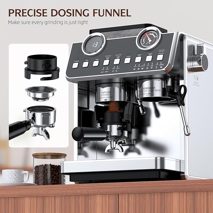 Espresso Machine with Grinder, 20 Bar Pressure Professional Espresso Maker with 30 Grinding Settings, 58mm Portafilte, Anti-scalding Milk Frother Steam Wand for Latte Cappuccino (Stainless Steel)