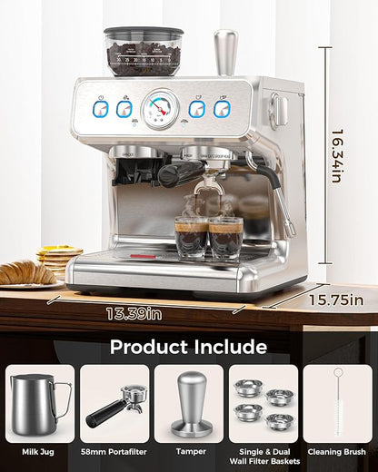 COWSAR Espresso Machine 15 Bar, Semi-Automatic Espresso Maker with Bean Grinder & Milk Frother Steam Wand, 75 Oz Removable Water Reservoir, Self-Cleaning, Ideal for Cappuccino/Latte, Stainless Steel