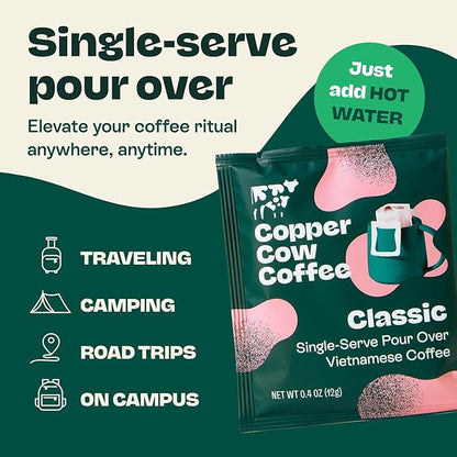 Copper Cow Premium Pour Over Single-Serve Vietnamese Coffee | Best Brews Variety Pack (Includes 5 coffees) | Classic Black, Churro, Vanilla, & Salted Caramel