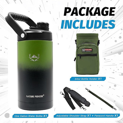 NATURE PIONEOR Insulated Water Bottles with Strap - 64 oz Stainless Steel Vacuum Wide Mouth Bottle with Holder/Carrier/Sleeve - 18/8 Food Grade 64oz Half Gallon Water Jug