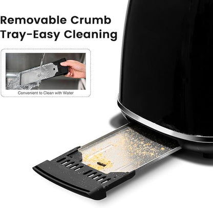 Roter Mond 2 Slice Toaster Retro Stainless Steel with Bagel, Cancel, and Defrost Functions, 6 Bread Shade Settings, Extra Wide Slots and Removable Crumb Tray, Black