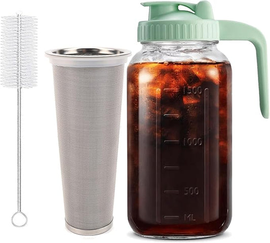 Fermus Cold Brew Coffee Maker, 64oz / 2Quart Glass Pitcher with Stainless Steel Filter and Pour Spout Handle Lid, Mason Jar for Making Cold Coffee, Fruit Drinks, Sun Tea (1, 64 Ounces)