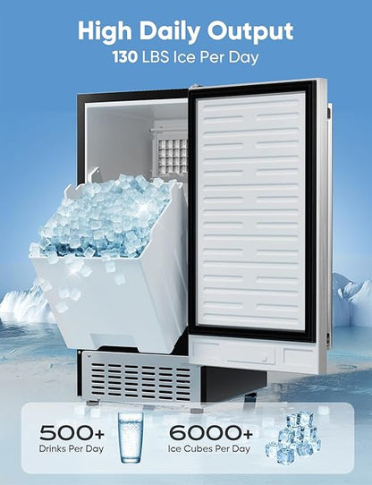 Coolski 130Lbs/ Day Under Counter Ice Maker Machine, Stainless Steel Built-in Freestanding Ice Maker with 30LBS Ice Storage, Perfect for Commercial & Home Use, 15 Inch Wide