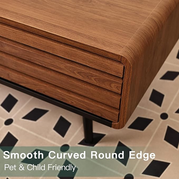 Wood Rectangle Coffee Table with Storage, Mid Century Modern Coffee Table, Living Room Center Table for Home, Apartment, Office, Walnut/Black