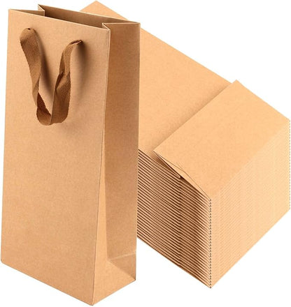 SEUNMUK 60 Pack 13.8 x 6.7 x 3.5 Inch Kraft Wine Gift Bags, 260 gsm Thick Paper Wine Bottle Bags with Handles, Elegant Wine Bags for Party, Wedding and Retailing