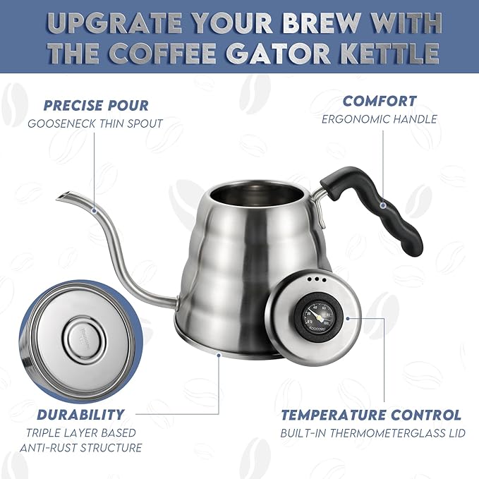 Pour Over Coffee Maker, 1.2L/40oz, Stainless Steel Gooseneck Kettle with Thermometer and 40pcs Filter Papers