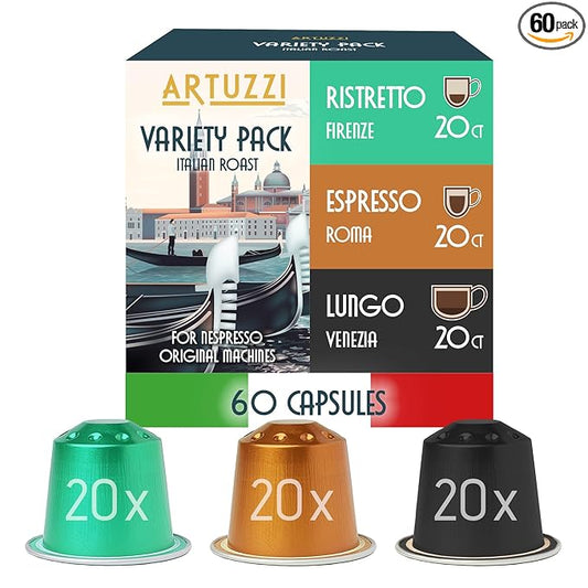 Artuzzi 60ct - Coffee Pods I Compatible with Nespresso Original Machines | Espresso Ristretto Lungo Coffee Capsules | Espresso Variety Pack I Aluminum & Recyclable